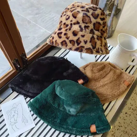 Women Winter Faux Fur Bucket Hat Leopard Print Thick Warm Plush Fisherman Hat Soft Korean Style Cloche Basin Cap For Outdoor Daily