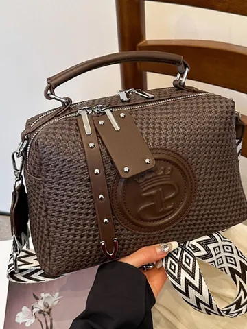 Damen Gewebte Textur Umhängetasche Luxus PU Leder Handtasche Mit Breitem Geometrischem Gurt Mode Sommer Schultertasche