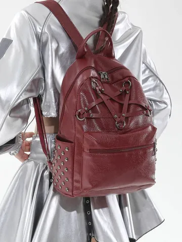 Fashion Women PU Leather Punk Pentagram Rivet Backpack Large Capacity Gothic School Bookbag Casual Travel Daypack Shoulder Bag