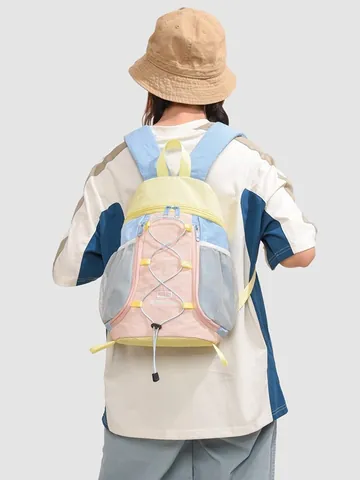 Women Outdoor Casual Nylon Backpack Color Block Waterproof Travel Daypack With Crisscross Drawstring And Mesh Pockets For Teenagers