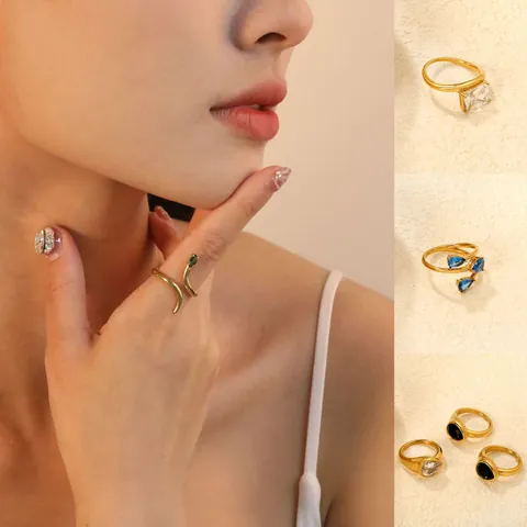 Stainless Steel Snake Ring Geometric Water Drop Emerald Green Rhinestone Square Diamond Ring Fashion Jewelry For Women