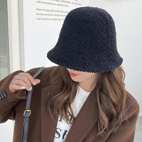 Japanese Style Lamb Wool Bucket Hat For Women Winter Warm Thickened Fisherman Hat Retro Knitted Plush Basin Hat Soft Yarn Hat