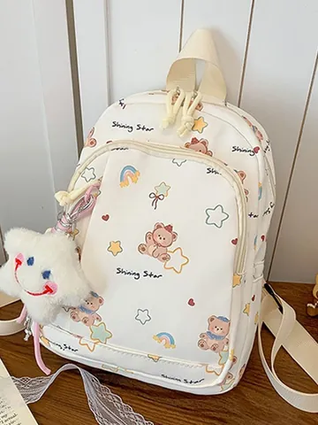 Korean Style Polyester School Backpack For Teenagers Large Capacity Star Bear Printed Casual Travel Backpack With Plush Pendant