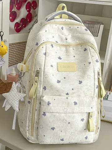 Nylon Backpack for Women Korean Sweet Star Maple Leaf Print Waterproof Casual School Backpack With Star Pendant Daily Travel Bag