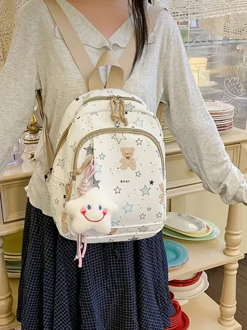 Korean Style Polyester School Backpack For Teenagers Large Capacity Star Bear Printed Casual Travel Backpack With Plush Pendant