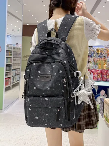 Nylon Backpack for Women Korean Sweet Star Maple Leaf Print Waterproof Casual School Backpack With Star Pendant Daily Travel Bag