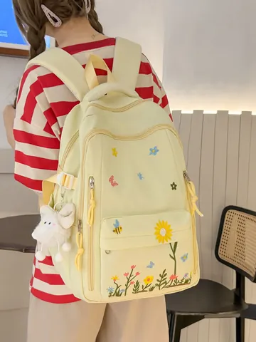 Japanese Style Floral Embroidered Backpack Large Capacity Waterproof Nylon School Bag For Teenage Girls Travel Backpack With Plush Pendant