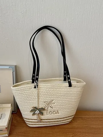 Damen Gewebte Tragetasche Minimalistische Mode Stroh Stil Umhängetasche Mit Kokospalmen Stickerei Und Perlenanhänger Urlaubstasche
