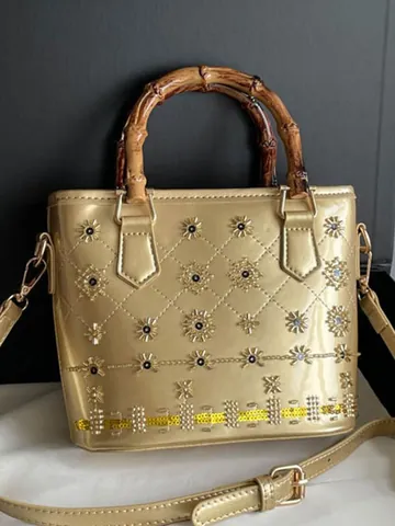 Vintage Women PU Patent Leather Bucket Bag With Bamboo Handle Quilted Floral Sequin Rhinestone Crossbody Shoulder Handbag