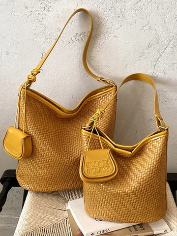 Luxury Woven Bucket Bag Large Capacity PU Leather Shoulder Bag For Women Fashion Weaving Commuter Underarm Crossbody Handbag With Pouch