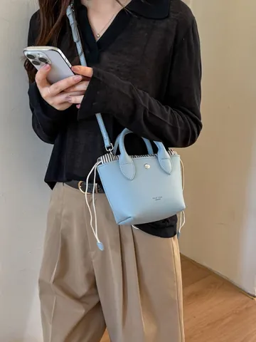 Damen Mini Eimertasche Retro Litschi Muster PU Leder Handtasche Mit Gestreiftem Kordelzug Innen Versatile Crossbody Tasche