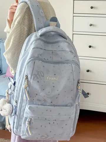 Nylon Waterproof Large Capacity Backpack For High School And College Students Casual Bowknot Heart Printed Commuter Laptop School Bag