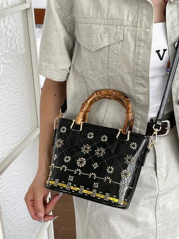 Vintage Women PU Patent Leather Bucket Bag With Bamboo Handle Quilted Floral Sequin Rhinestone Crossbody Shoulder Handbag
