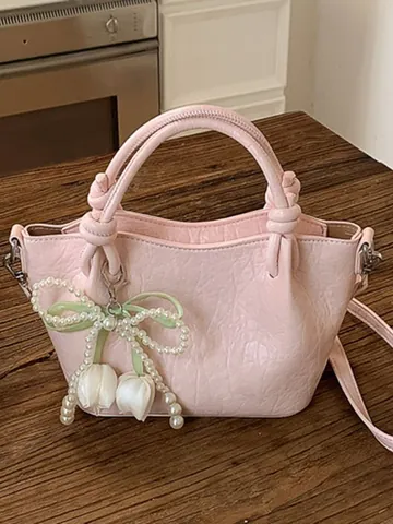Vintage Women PU Leather Bucket Bag With Pearl Bow Tulip Pendant Pleated Texture Handbag Crossbody Bag For Daily Travel