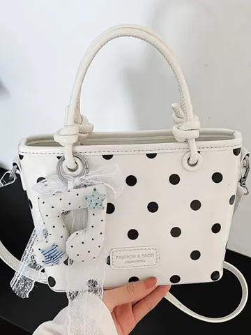 Damen Polka Dot Handtasche PU Leder Umhängetasche Süße Nischenmode Pendeltasche Mit Musiknote Spitze Anhänger Mädchen Stil
