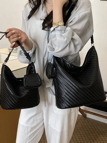 Luxury Woven Bucket Bag Large Capacity PU Leather Shoulder Bag For Women Fashion Weaving Commuter Underarm Crossbody Handbag With Pouch