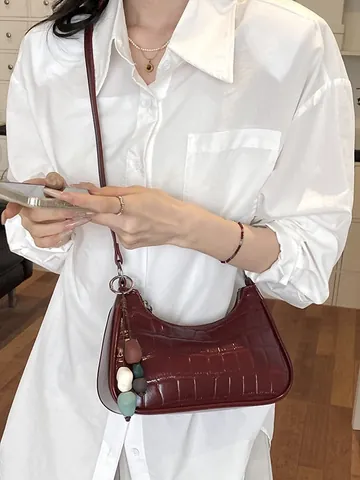 Women Crocodile Pattern Hobo Bag PU Leather Dumpling Shaped Crossbody Shoulder Bag With Silver Chain And Colorful Bead Charm