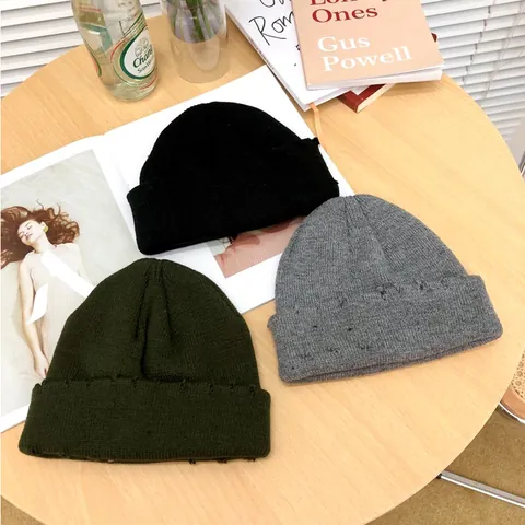 Acryl Strickmütze Distressed Ripped Yuppie Stil Warme Wintermütze Für Herren Damen Einfarbig Rollrand Randlos Street Cap