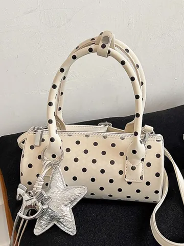 Women Korean Style PU Leather Polka Dot Barrel Bag Handbag With Star Pendant Small Crossbody Shoulder Bag For Daily Travel