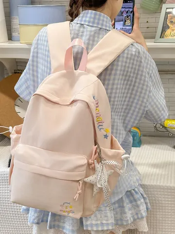 Embroidered Nylon Backpack For Girls Student Korean Style Casual Travel School Bag With Star Charm Water Repellent Bag