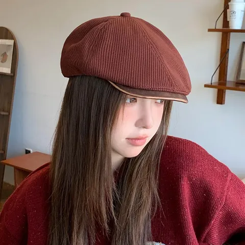 Britisches Vintage Gestrickte Baskenmütze Für Damen Winter Warm Acryl Schirmmütze Mode Malermütze Mit Lederschirm Einfarbig