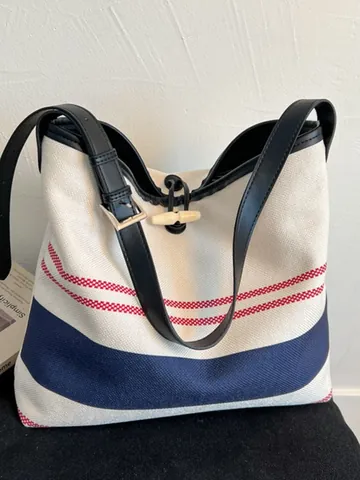 Women Large Capacity Striped Canvas Tote Bag Casual Shoulder Crossbody Bag University Student College Bag With Horn Button