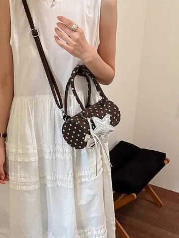 Women Korean Style PU Leather Polka Dot Barrel Bag Handbag With Star Pendant Small Crossbody Shoulder Bag For Daily Travel
