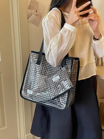 Women Large Capacity Grid Tote Bag Retro Minimalist Commute Shoulder Bag With Sub-bag Mesh Plastic Daily Handbag For Travel
