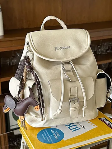 Women's Vintage PU Leather Backpack Fashion Commute Contrast Stitching Niche Design Small Rucksack With Dachshund Charm Daily Travel Daypack
