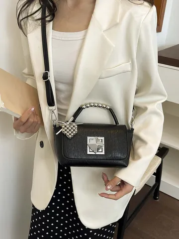 Fashion PU Leather Small Square Bag For Women With Bead Handle Heart Charm Crossbody Shoulder Handbag Pyramid Lock Purse