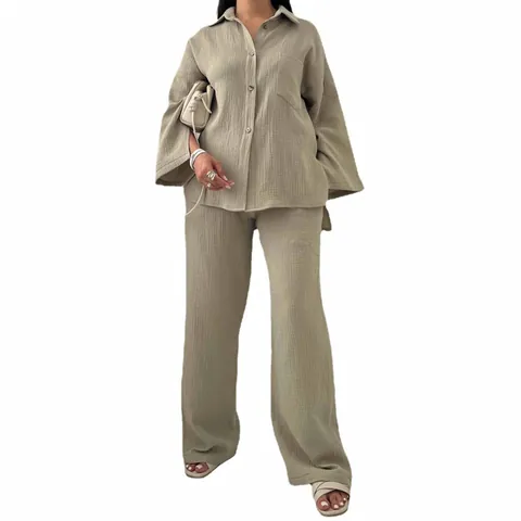 Ensemble Top Et Bottom Femme En Tissu Froissé Chemise Manches Longues Et Pantalon Large Taille Haute Décontracté Bureau Mode