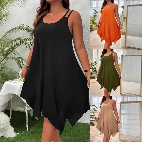 Robe à Fines Bretelles Sexy Taille Plus Été pour Femmes Ourlet Irrégulier Ample Couleur Unie Robe de Plage Décontractée Mode Vestidos