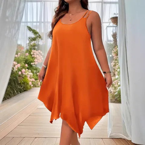 Robe à Fines Bretelles Sexy Taille Plus Été pour Femmes Ourlet Irrégulier Ample Couleur Unie Robe de Plage Décontractée Mode Vestidos