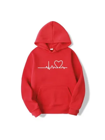 Women Casual Fleece Hoodie ECG Heart Pattern Long Sleeve Pullover Sweatshirt Trendy Thickened Streetwear Top For Autumn Winter