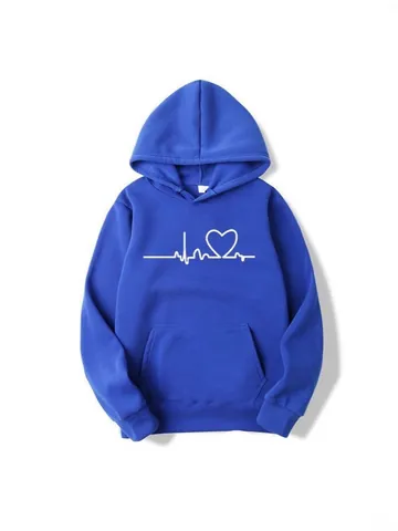 Women Casual Fleece Hoodie ECG Heart Pattern Long Sleeve Pullover Sweatshirt Trendy Thickened Streetwear Top For Autumn Winter