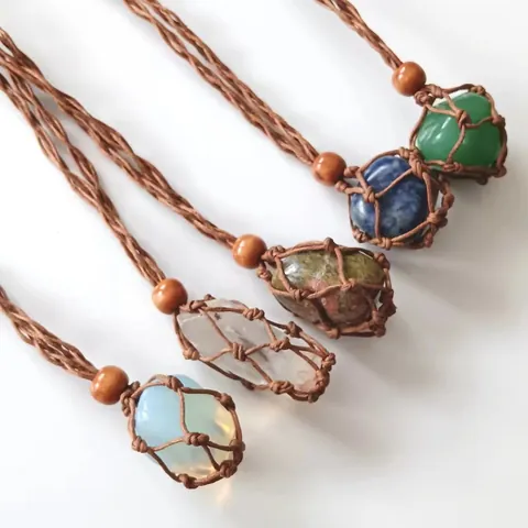 Adjustable Hand Woven Mesh Bag Necklace Natural Polished Crystal Stone Pendant Gemstone Jewelry For Women Men Daily Gift