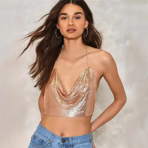 Women Sexy Metallic Mesh Halter Crop Top Backless Cowl Neck Sequin Party Club Tank Top Slim Fit Shiny Metal Camisole