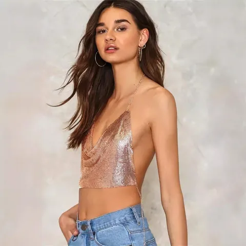 Women Sexy Metallic Mesh Halter Crop Top Backless Cowl Neck Sequin Party Club Tank Top Slim Fit Shiny Metal Camisole