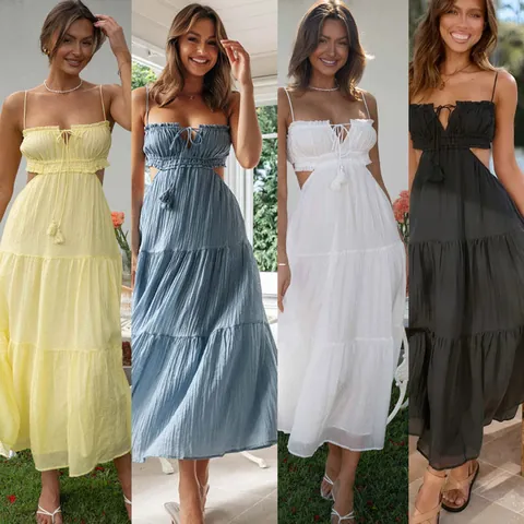 Robe Longue pour Femme Col en V Sans Manches Couleur Unie Patchwork Grand Ourlet Robe Boho d'Été avec Découpes à Étages pour Femme