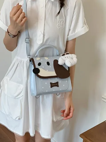 Damen Niedlicher Cartoon Hund Kleiner Rucksack Preppy Stil Sternenprint PU Leder Schultasche Mit Plüsch Anhänger Für Mädchen