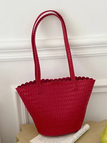 Summer Women Woven Tote Bag Scalloped Edge Hollow Out Handwoven PU Leather Shoulder Bag Fashion Underarm Bag Large Handbag