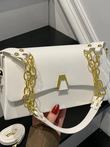 Petit Sac Carré en Cuir PU pour Femmes à la Mode Sac à Bandoulière Grande Capacité Avec Chaîne en Or Serrure Géométrique Sac à Main Décontracté