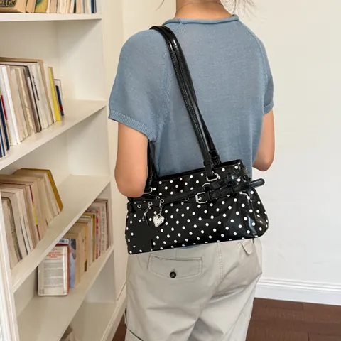 Women Casual PU Polka Dot Underarm Bag Vintage Sweet Shoulder Bag Stitching Belt Buckle Commuting Zipper Bag With Charms Everyday Bags