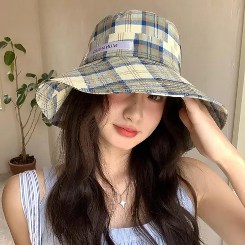 Women's Fashion Gingham Bucket Hat Wide Brim Plaid Basin Hat Fashionable Sun Protection Summer Vacation Travel Hat