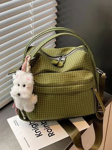Women Grid Pattern Small Square Bag PU Leather Crossbody Shoulder Bag Niche Design Commuting Handbag With Puppy Charm Fashion Summer Pouch