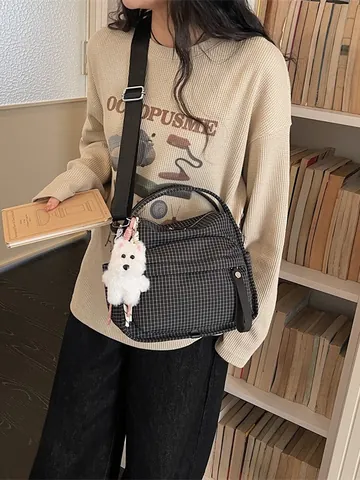 Women Grid Pattern Small Square Bag PU Leather Crossbody Shoulder Bag Niche Design Commuting Handbag With Puppy Charm Fashion Summer Pouch