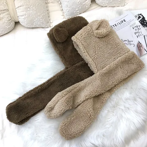 Cute Bear Ears Hooded Scarf Hat Women Winter Plush Integrated Neck Warmer Long Scarf Hat Set With Gloves For Cold Weather Outdoor