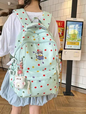 Polka Dot Large Capacity School Backpack For Teenagers Girls Sweet Cat Embroidery Nylon Waterproof Student Backpack With Plush Keychain