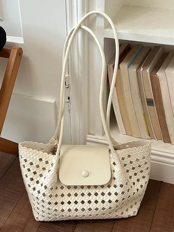 Damen Große Kapazität Gewebte Tote Tasche Sommer Mode Lässige PU Leder Unterarm Schultertasche Mit Magnetklappenverschluss Tägliche Handtasche