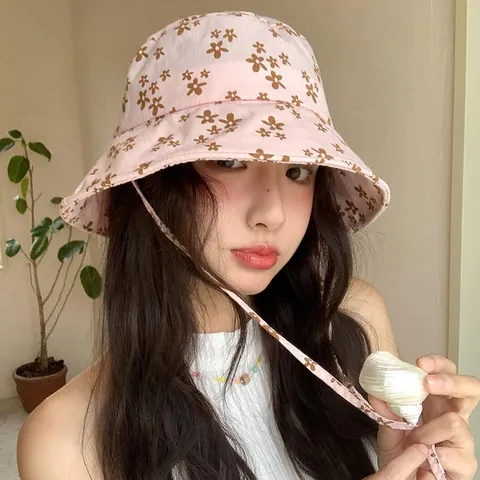Chapeau Bob Fleuri pour Femmes Doux Protection Solaire Avec Cordon Été Plage Extérieur Chapeau Imprimé en Acrylique